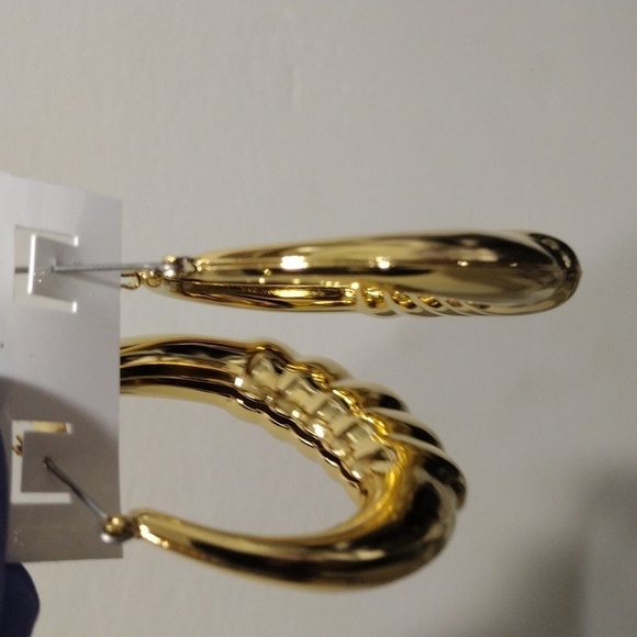 Women's Polished Gold tones, Circle Shape Designed Hoop Drop Earrings, 2.25", #4 - Picture 5 of 5